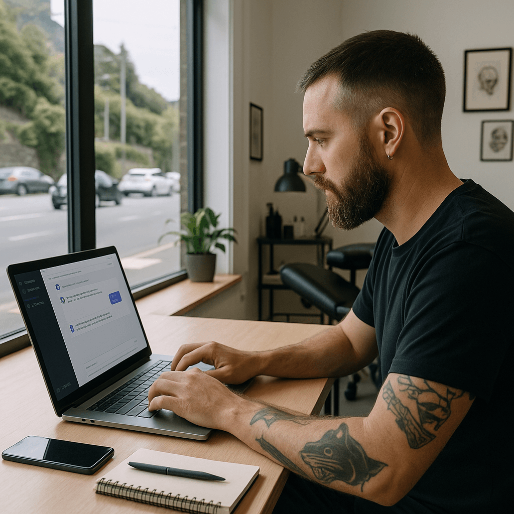 Photorealistic image showing a tattoo artist using digital tools to manage customer enquiries in a tattoo shop setting.