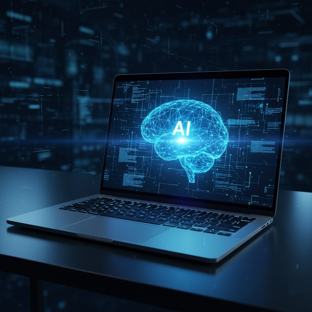 Laptop displaying a digital AI brain hologram, symbolising artificial intelligence transforming SEO strategies for New Zealand businesses in 2025 and beyond