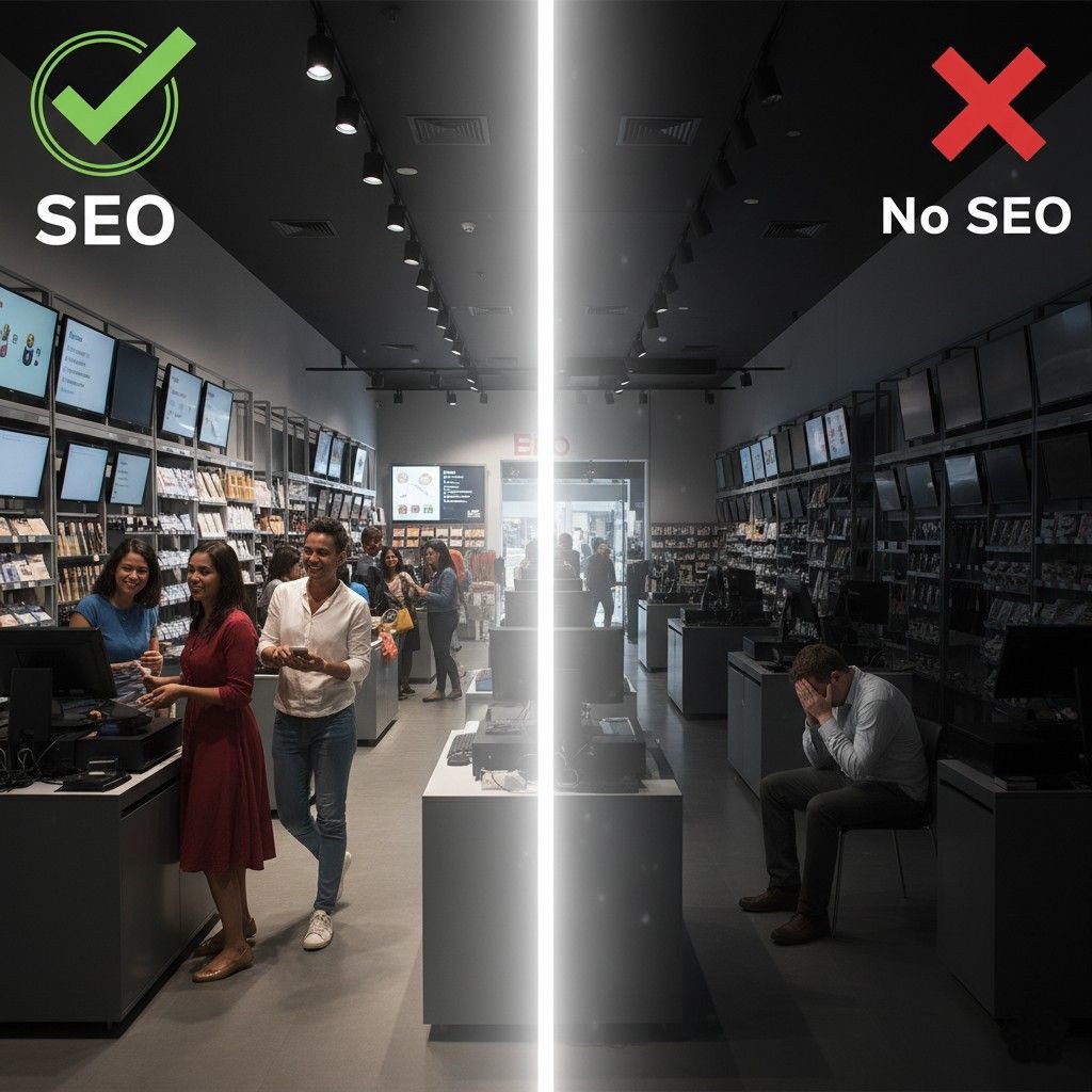 Split image comparing a busy, successful store labeled ‘SEO’ with a quiet, empty store labeled ‘No SEO,’ illustrating how search engine optimization drives business traffic and visibility.