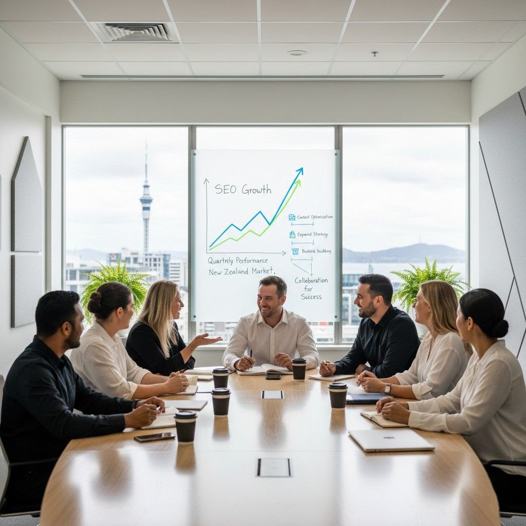 eam of New Zealand marketing professionals in a boardroom discussing SEO growth strategy, with a chart showing rising search performance and collaboration for success.