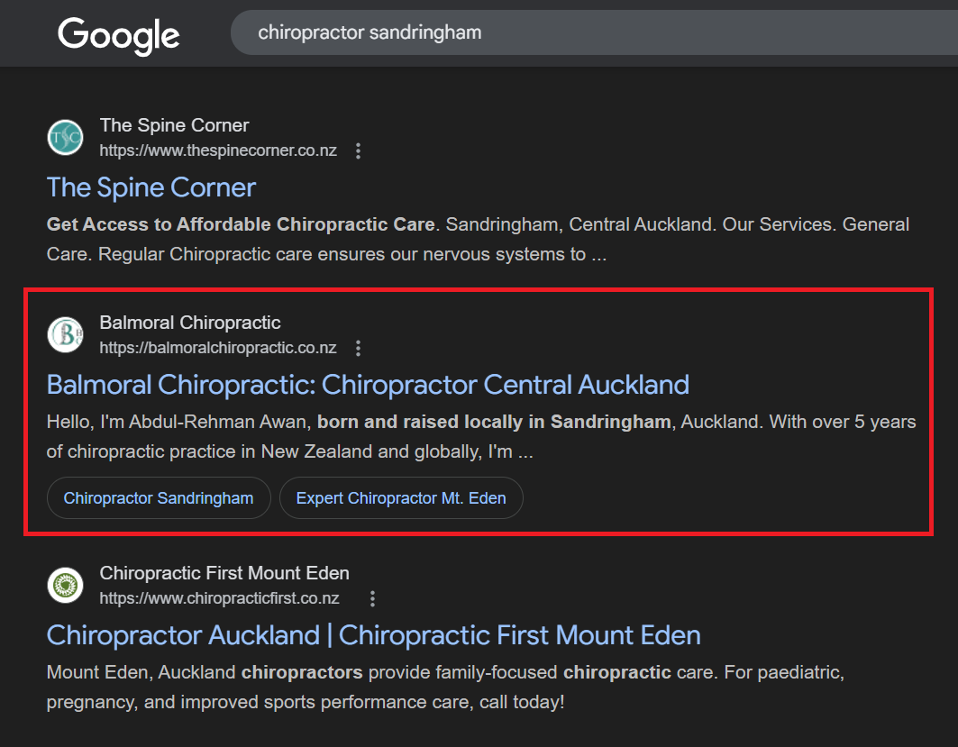 seo results for chiropractor in auckland