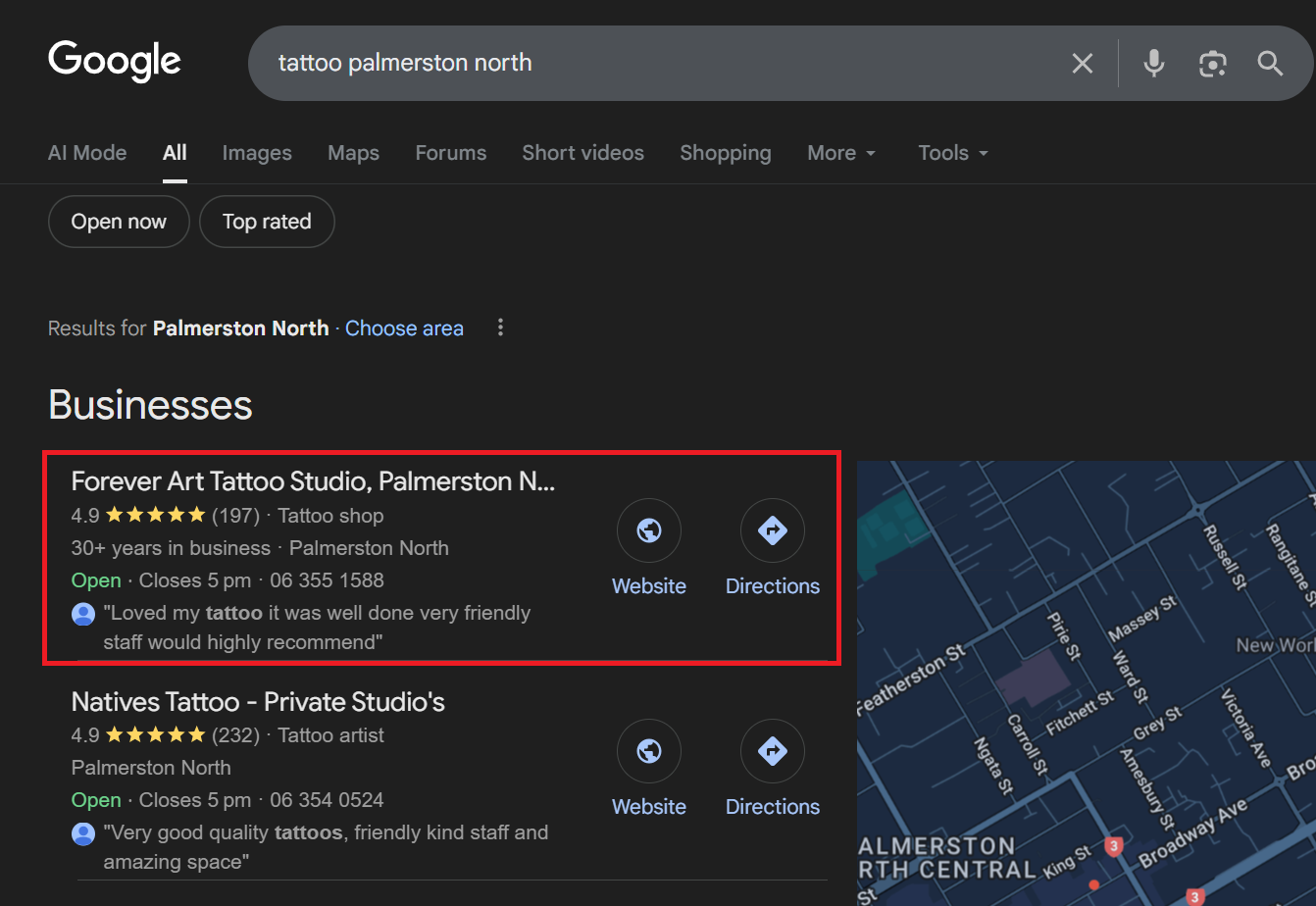 tattoo shop results number one google maps listing